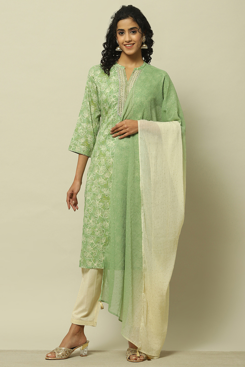Blue Cotton Blend Printed Kurta & Pants Suit Set image number 7