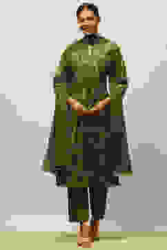 Green Viscose Blend Gathered Printed Kurta Salwar Suit Set image number 0