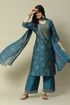 Teal Blue LIVA Straight Printed Suit Set image number 0