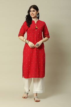 Pink Cotton Straight Printed Kurta image number 0