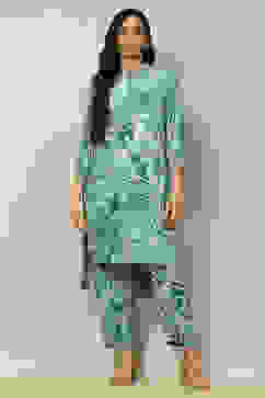 Aqua Blue Floral Printed Straight Co-ord Set image number 6