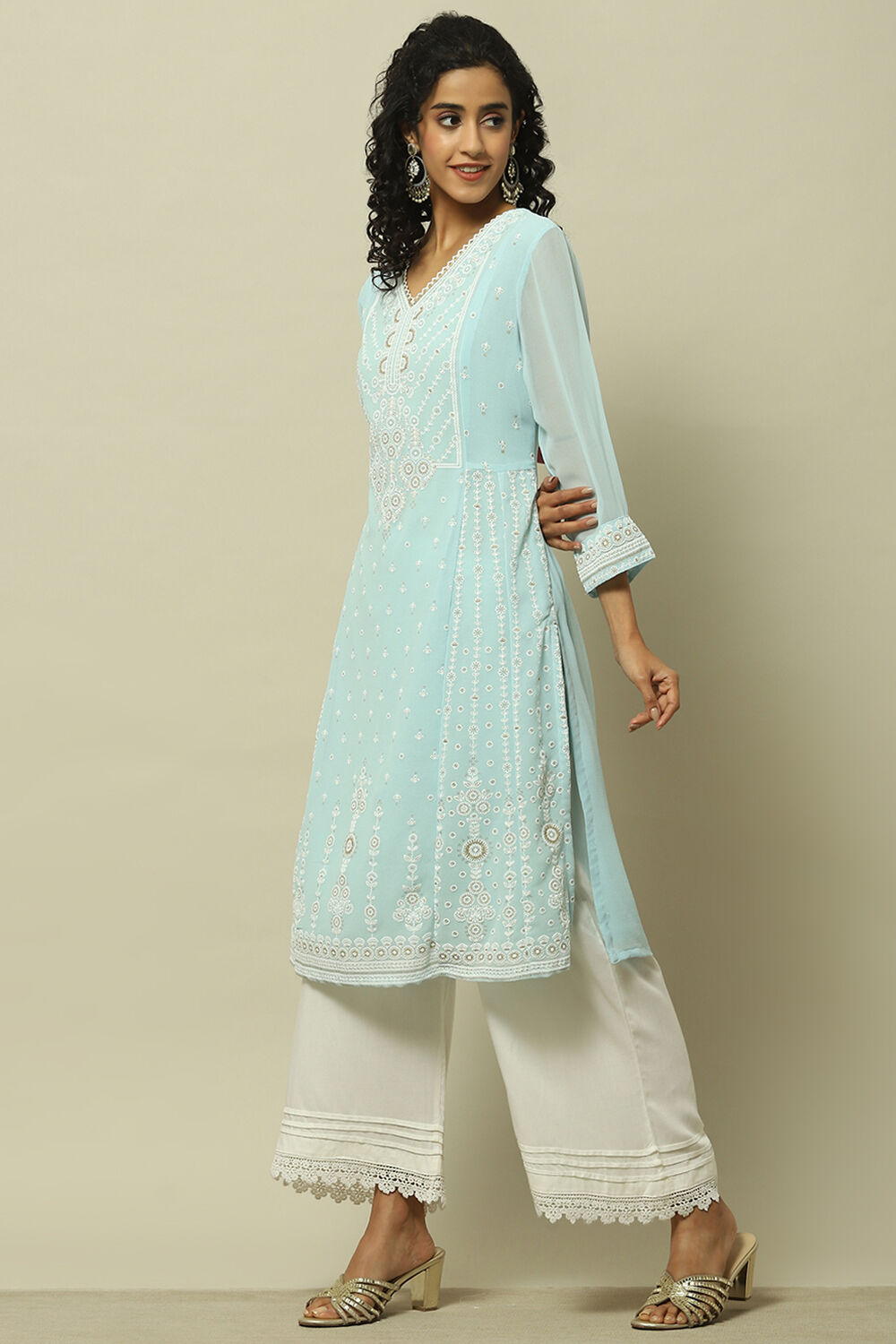 Blue Poly Georgette Embroidered Straight Kurta image number 2