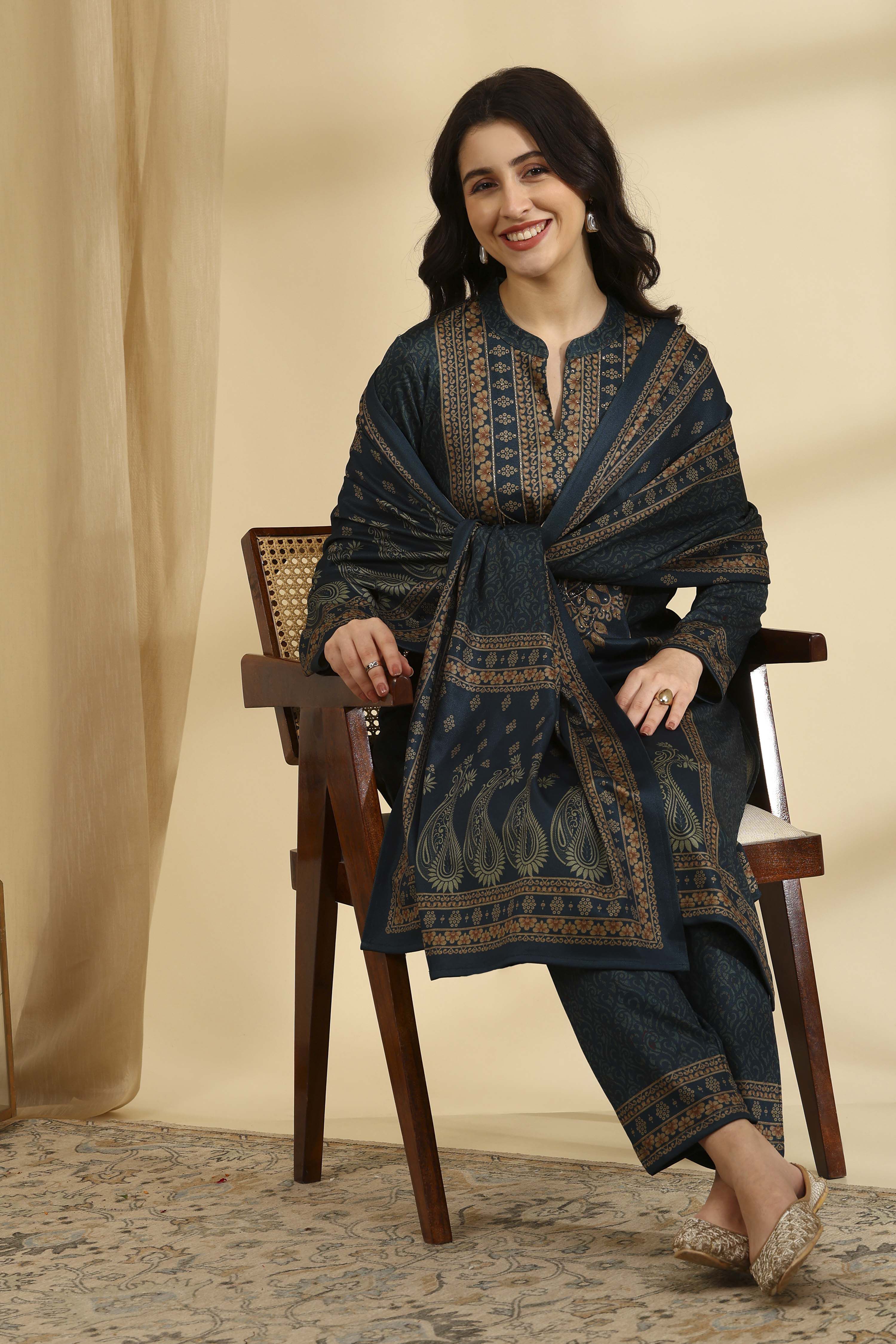 Teal Polyester Straight Printed Suit Set image number 0