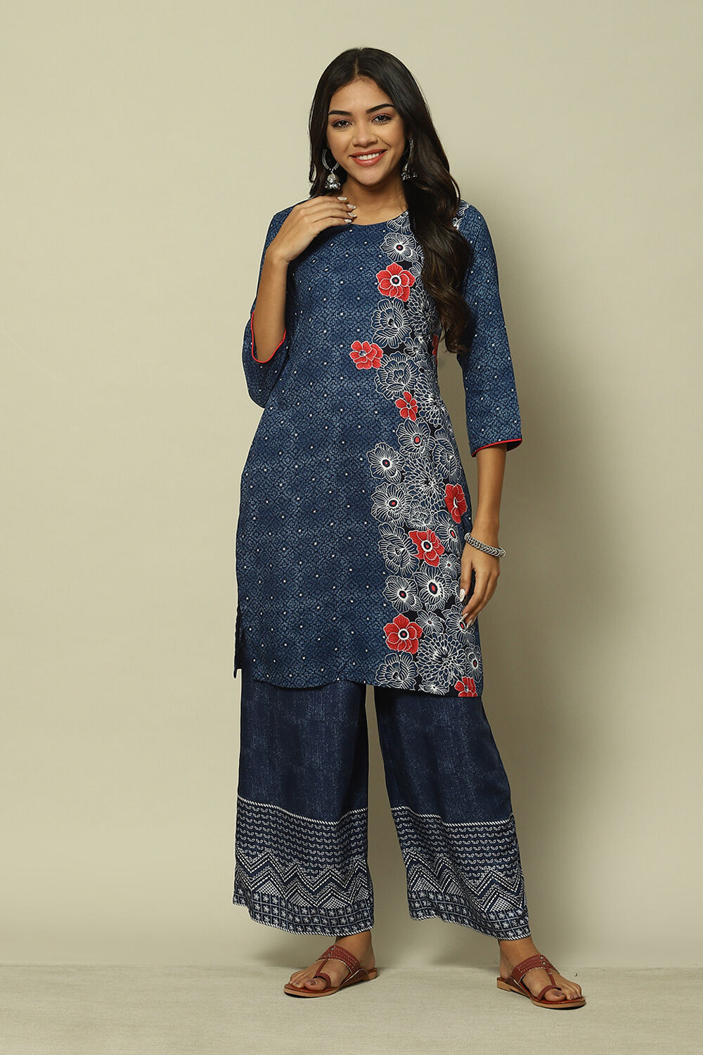 Indigo Blue LIVA Straight Printed Kurta image number 0