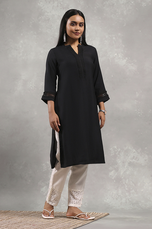 Black Solid Straight Kurta image number 4