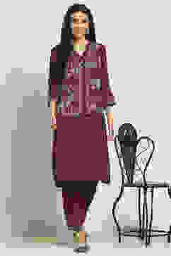 Wine Viscose Blend Printed Straight Kurta Pants Set image number 0