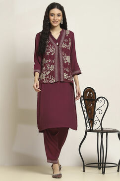 Wine Viscose Blend Printed Straight Kurta Pants Set image number 0