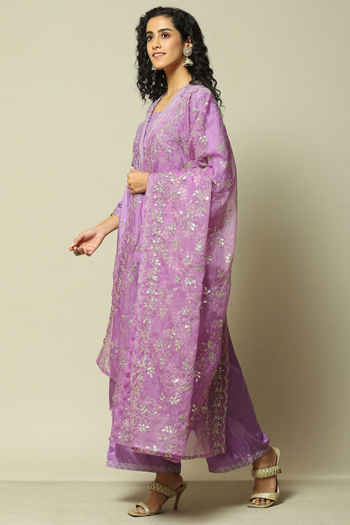 Rust Viscose Gathered Embroidered Kurta Palazzo Suit Set image number 4