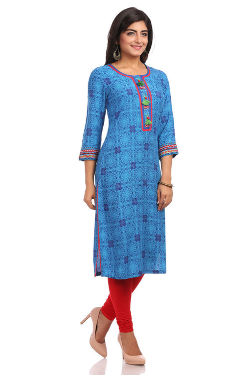 Blue Straight Cotton Kurta image number 2