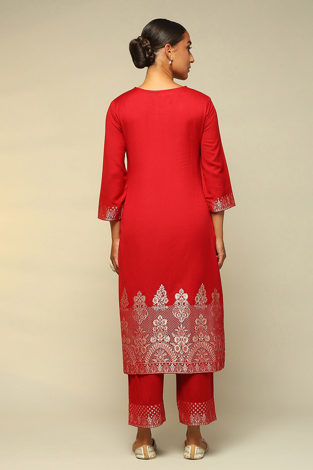Red Acrylic Straight Yarn Dyed Kurta Palazzo Suit Set image number 4