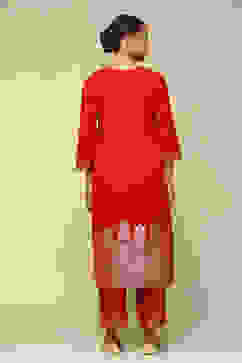 Red Acrylic Straight Yarn Dyed Kurta Palazzo Suit Set image number 4