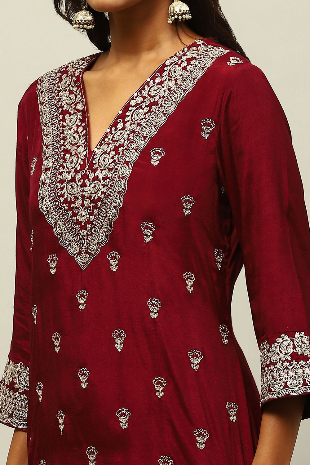Wine Viscose Shantoon Straight Embroidered Kurta Palazzo Suit Set image number 1