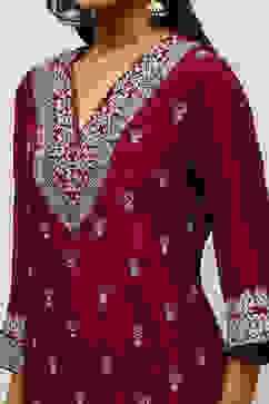 Wine Viscose Shantoon Straight Embroidered Kurta Palazzo Suit Set image number 1
