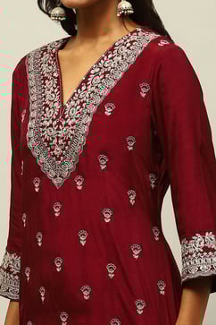 Wine Viscose Shantoon Straight Embroidered Kurta Palazzo Suit Set image number 1
