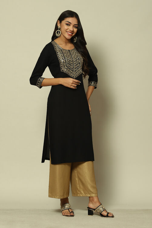 Black LIVA Straight Printed Kurta image number 3