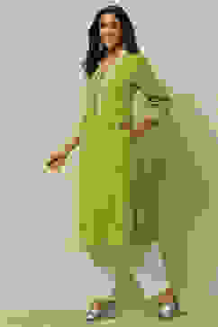 Lime Green Solid Straight Kurta image number 2