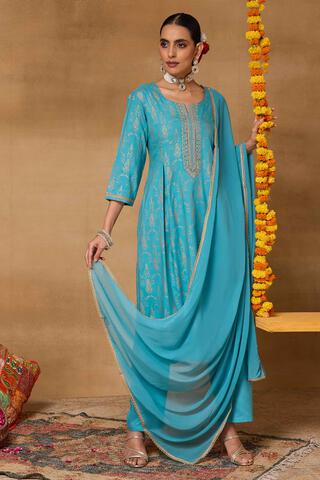 Rangriti Rayon Printed Straight Festive Kurta With Salwar And Dupatta in Aqua