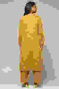 Mustard Circular Jacquard Straight Printed Kurta Palazzo Suit Set image number 4