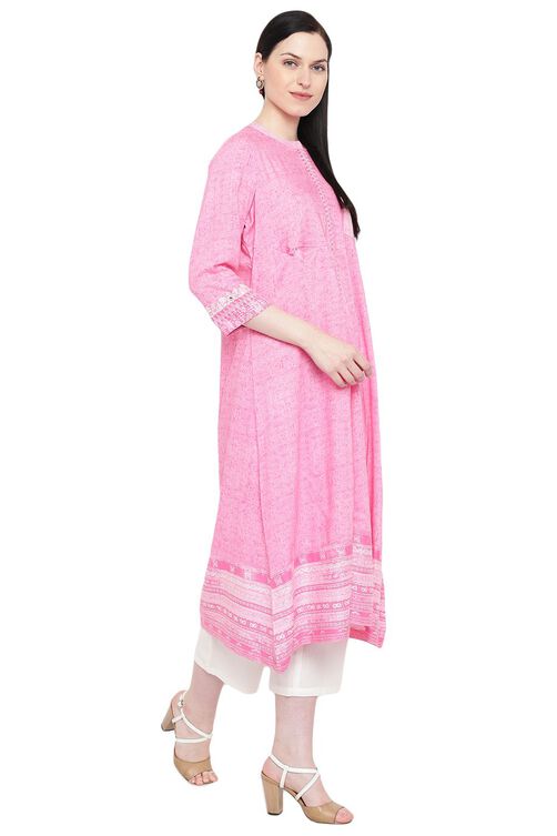 Pink Viscose A-Line Kurta image number 3