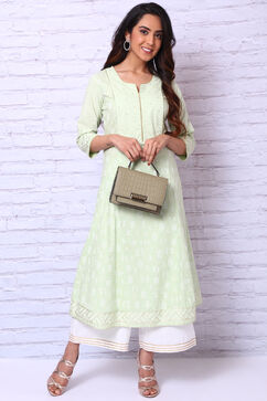 Mint Green Cotton Slub A Line Kurta image number 3