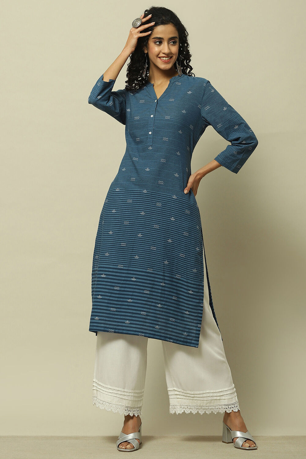 Blue Cotton Striped Straight Kurta image number 0