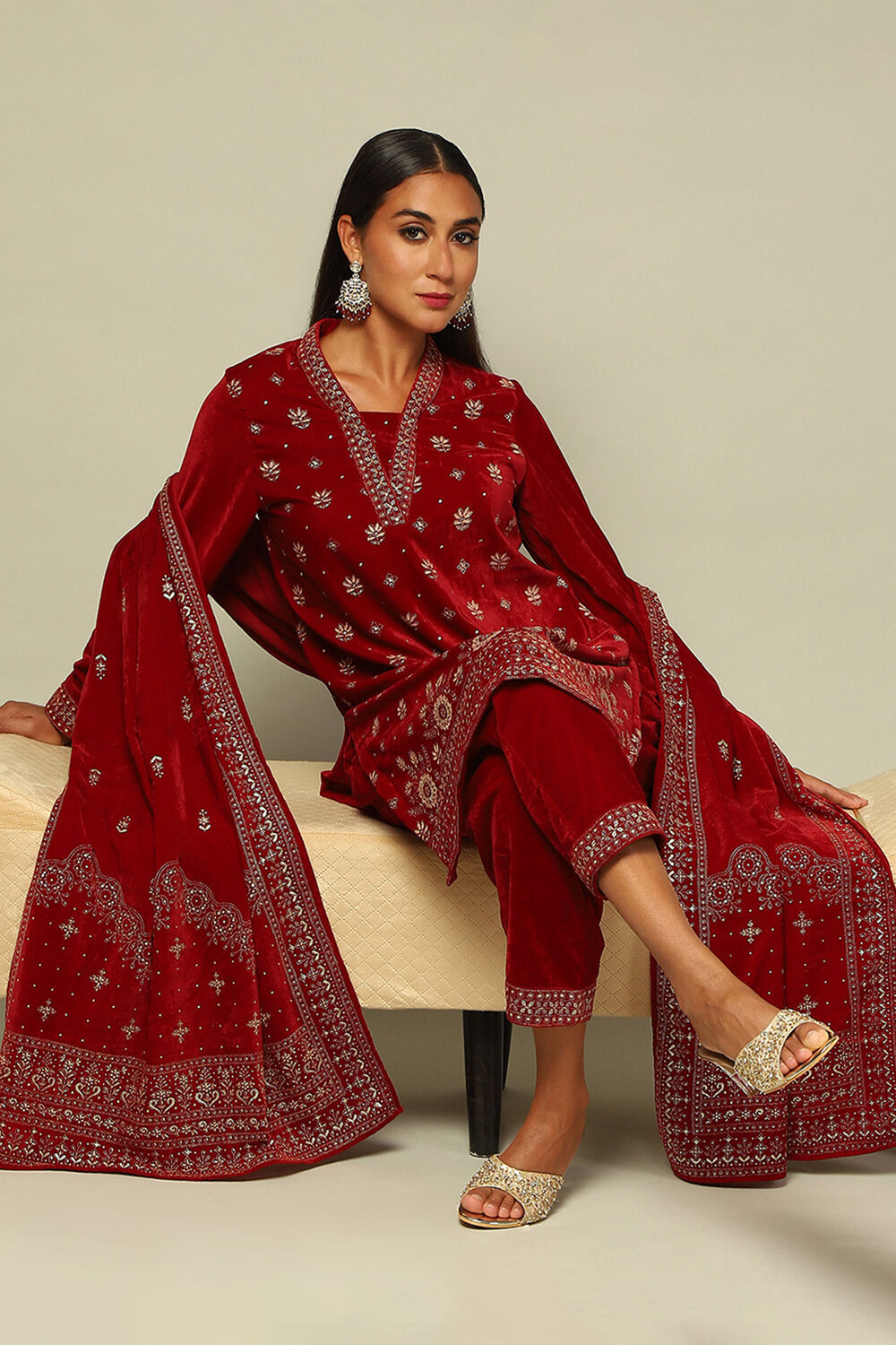 Red Poly Velvet Straight Printed Kurta Palazzo Suit Set image number 0