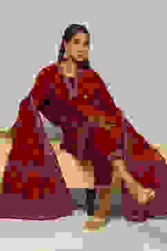 Red Poly Velvet Straight Printed Kurta Palazzo Suit Set image number 0