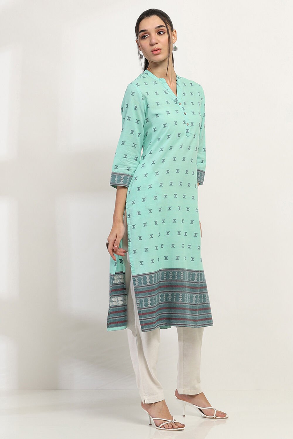 Green Cotton Printed Straight Kurta image number 4