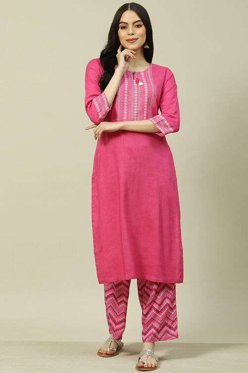 Pink LIVA Woven Straight Kurta Suit Set image number 6