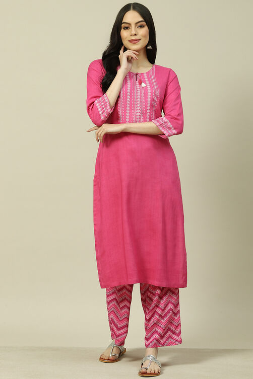 Pink Viscose Woven Straight Kurta Suit Set image number 6