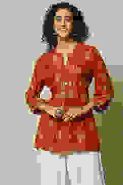 Rust LIVA Straight Printed Top image number 5