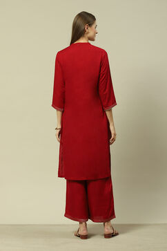Red LIVA Straight Printed Kurta Palazzo Suit Set image number 5