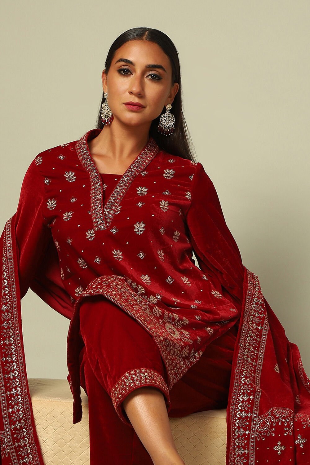 Red Poly Velvet Straight Printed Kurta Palazzo Suit Set image number 7