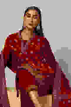 Red Poly Velvet Straight Printed Kurta Palazzo Suit Set image number 7