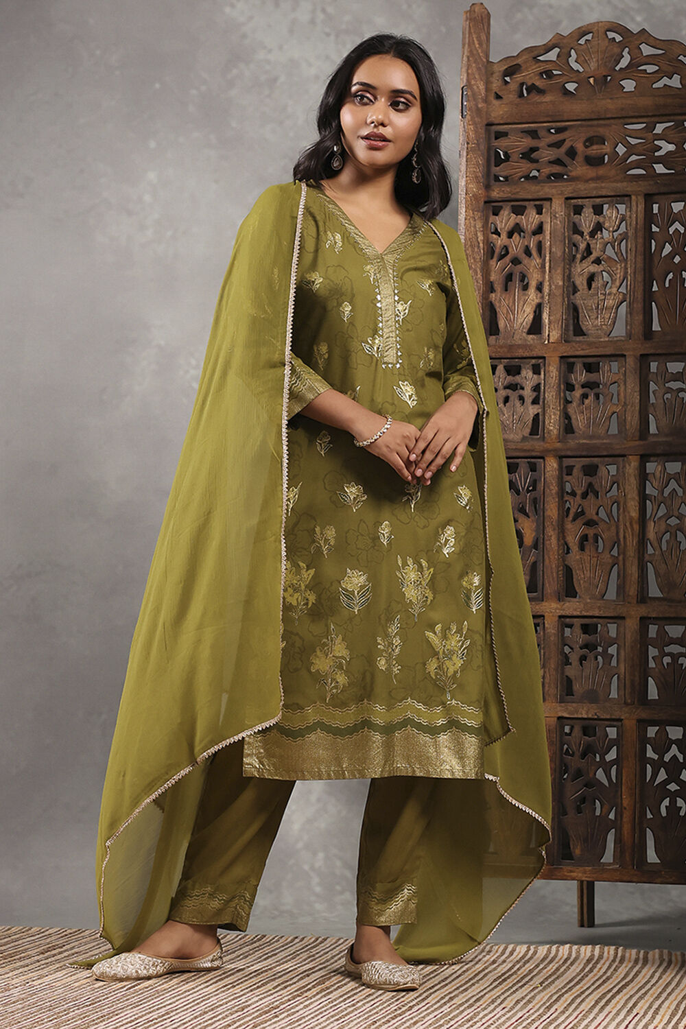 Lime Viscose Rayon Printed Straight Suit Set image number 0