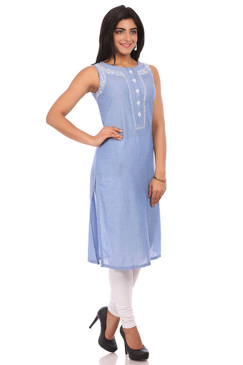 Blue Cotton Straight Kurta image number 2