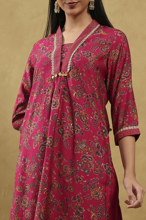 Pink Viscose Blend Printed Straight Suit Set image number 1