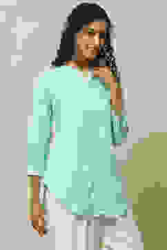 Aqua Floral Printed Straight Indie Top image number 4