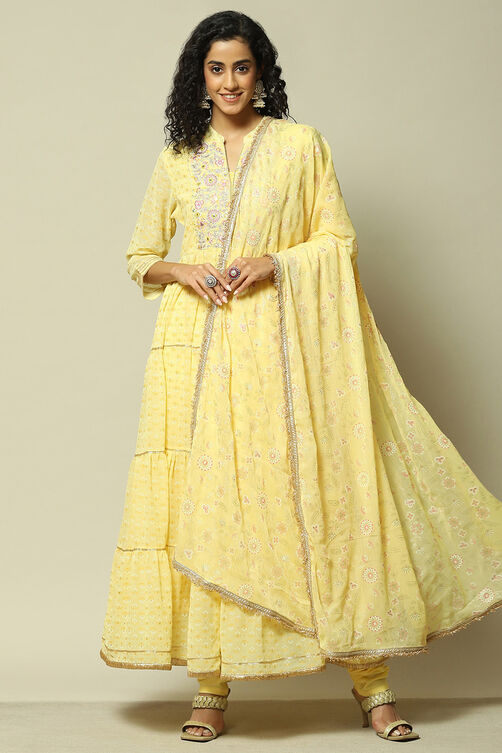 Yellow Polyester Gathered Printed Kurta Churidar Suit Set image number 7