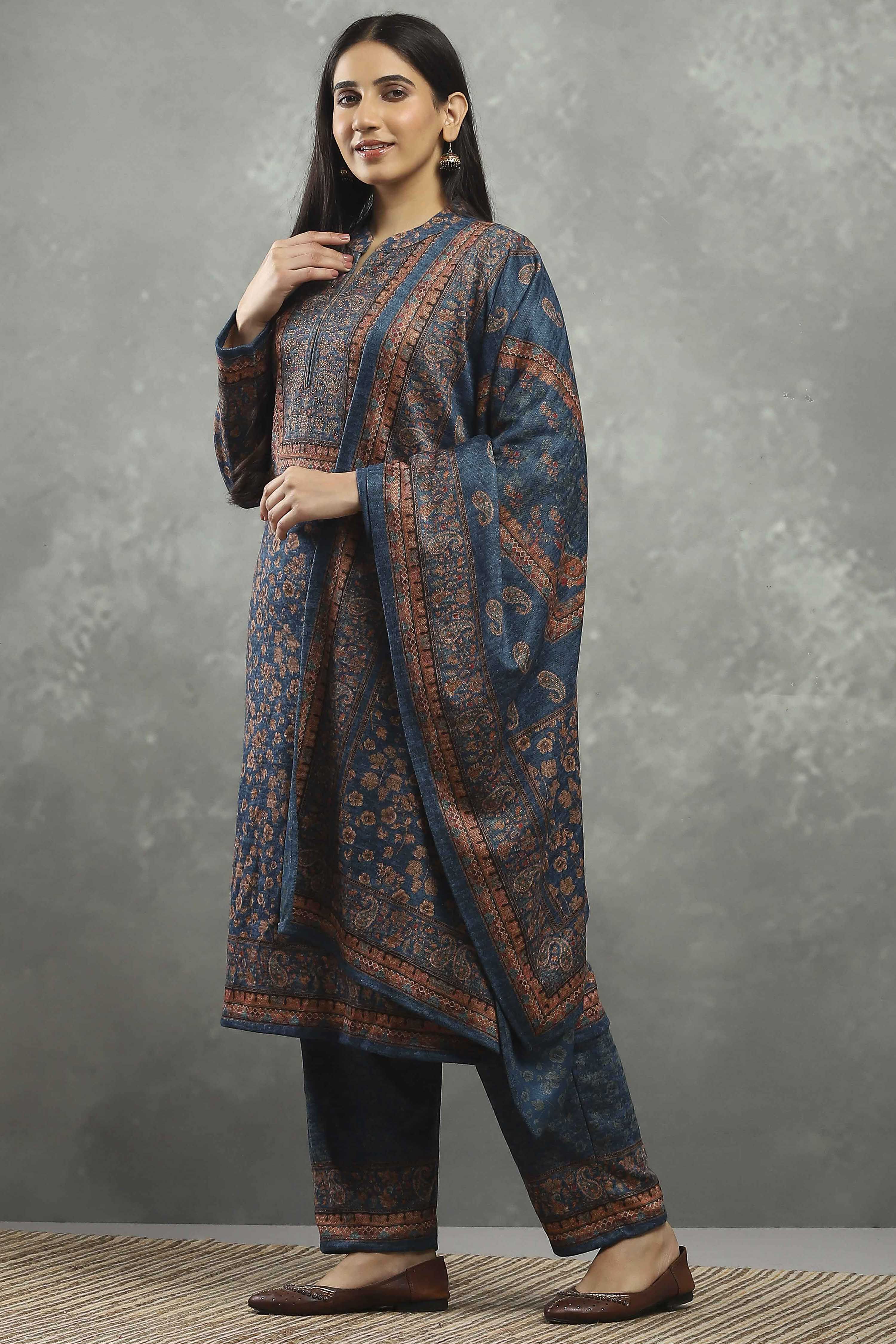 Teal Polyester Printed Straight Suit Set image number 3