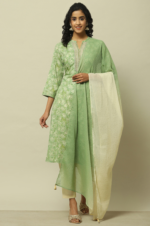 Blue Cotton Blend Printed Kurta & Pants Suit Set image number 0