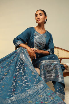 Petrol Blue Acrylic Straight Yarn Dyed Kurta Palazzo Suit Set image number 0