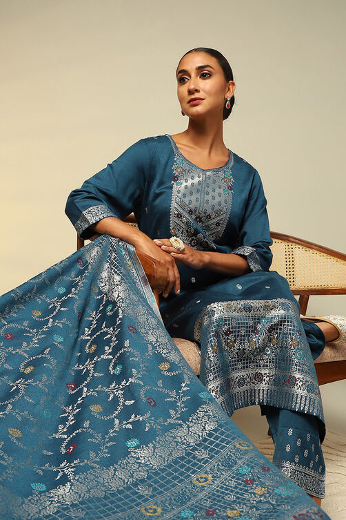 Petrol Blue Acrylic Straight Yarn Dyed Kurta Palazzo Suit Set image number 0