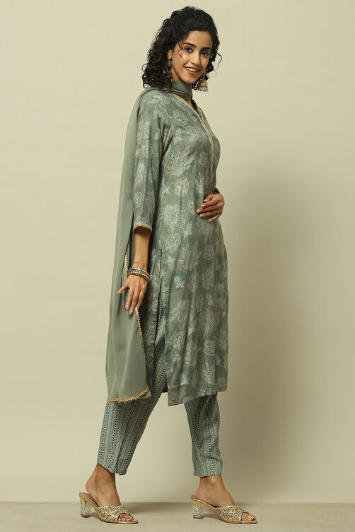 Olive Green Viscose Blend Straight Suit Set image number 6