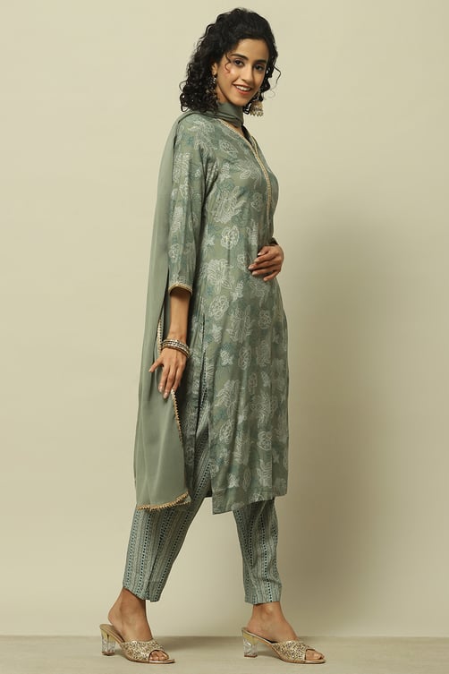 Green Printed Straight Kurta & Pants Suit Set image number 6