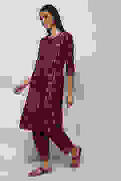 Maroon Cotton Printed Straight Kurta image number 2