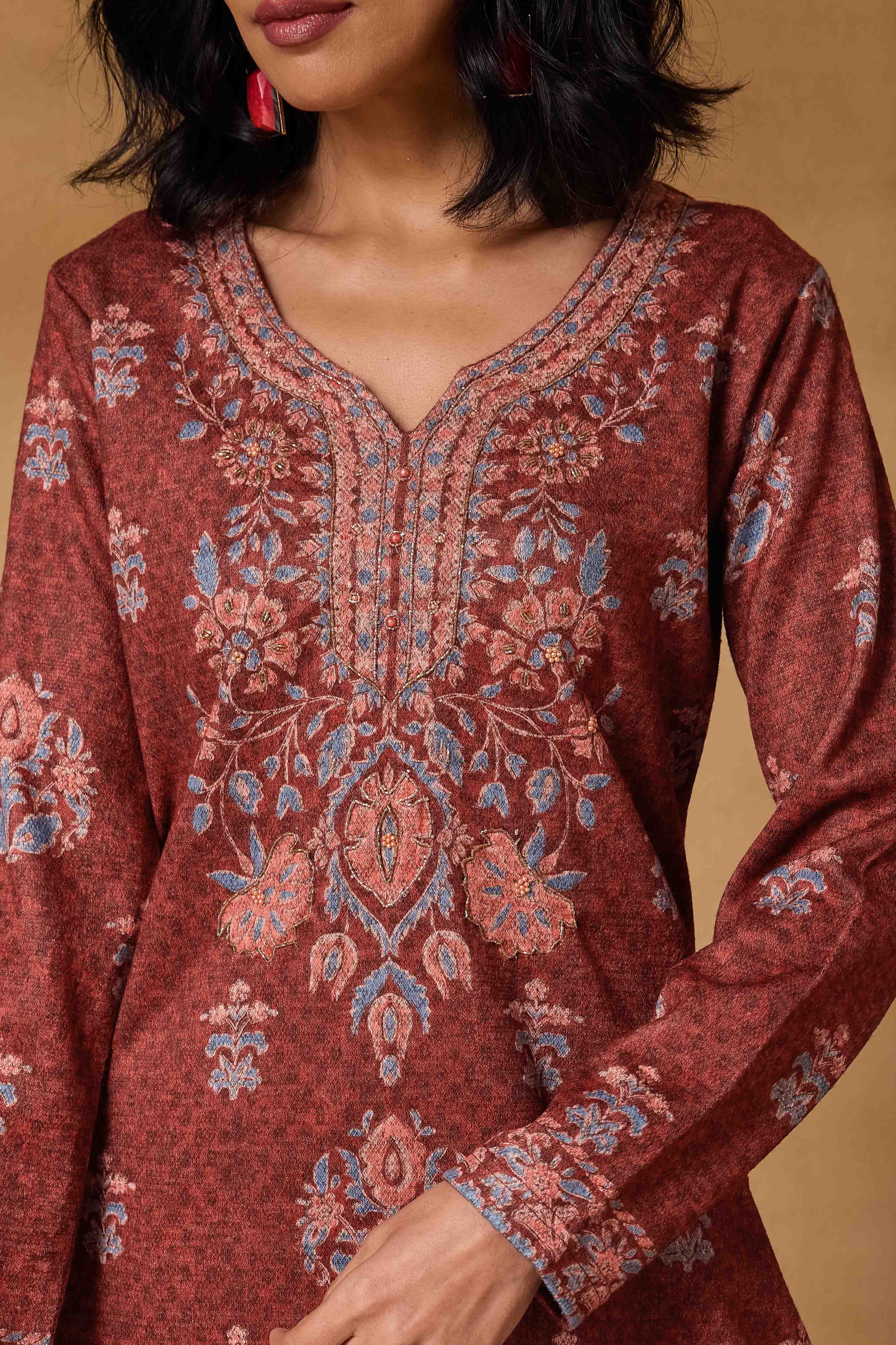 Red Polyester Straight Printed Suit Set image number 1