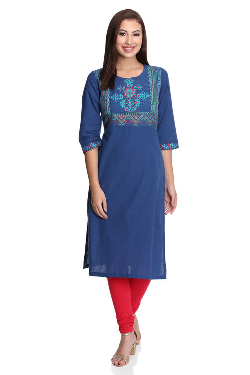 Dark Blue Straight Cotton Kurta image number 0