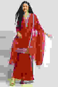 Red Solid Straight Suit Set image number 0