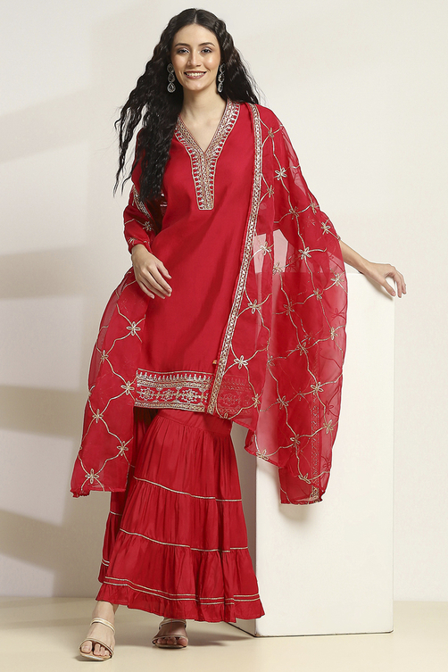 Red Solid Straight Suit Set image number 0